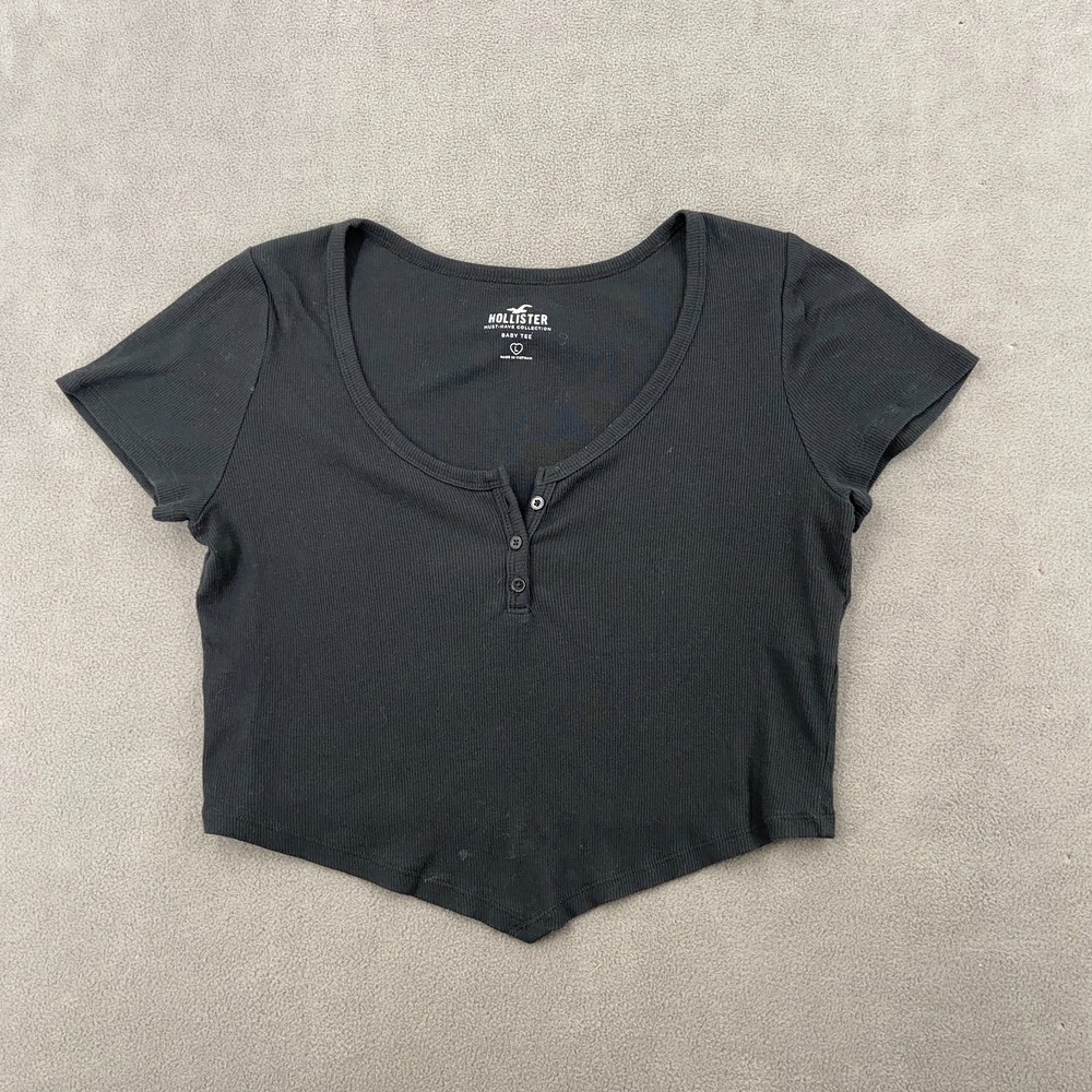 Hollister Baby Tee Shirt Top Womens Large Black Crop Ribbed Knit Henley Button
